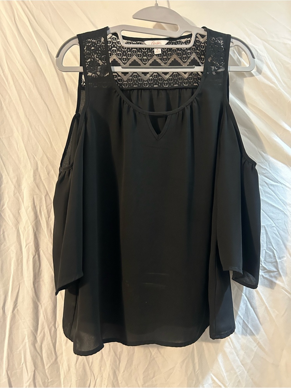 Candie's Black Lace-Trim Cold-Shoulder Blouse
